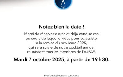 La prochaine soirée de remise du Prix Icare 2025 de l’AJPAE se tiendra le 7 octobre 2025
